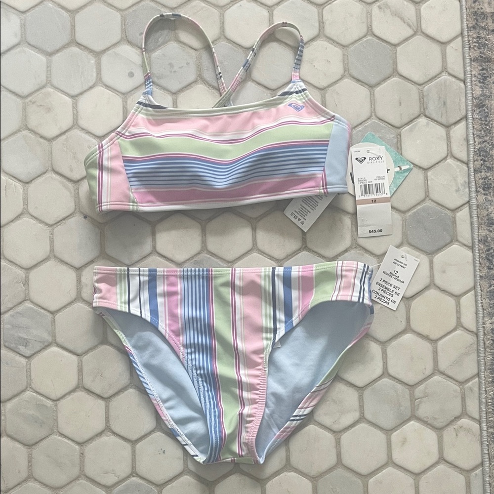 Roxy Girls' Pastel Stripe Bikini Set - Pink, Blue & Green